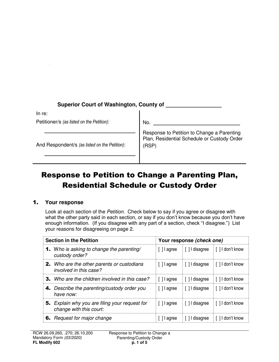 Form FL Modify602 Response to Petition to Change a Parenting Plan, Residential Schedule or Custody Order - Washington, Page 1