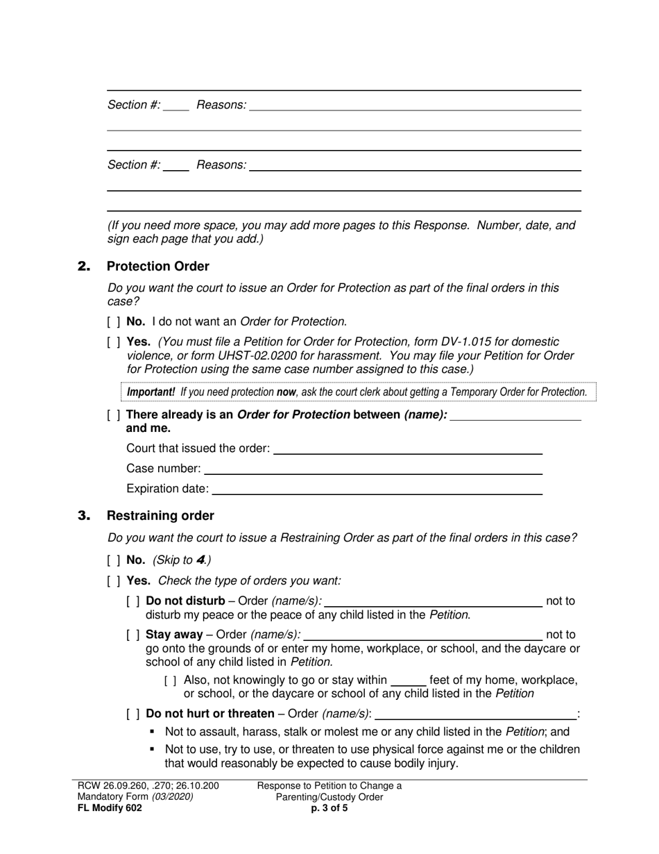Form FL Modify602 Response to Petition to Change a Parenting Plan, Residential Schedule or Custody Order - Washington, Page 3