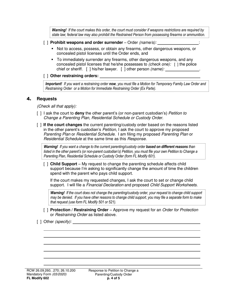 Form FL Modify602 Response to Petition to Change a Parenting Plan, Residential Schedule or Custody Order - Washington, Page 4