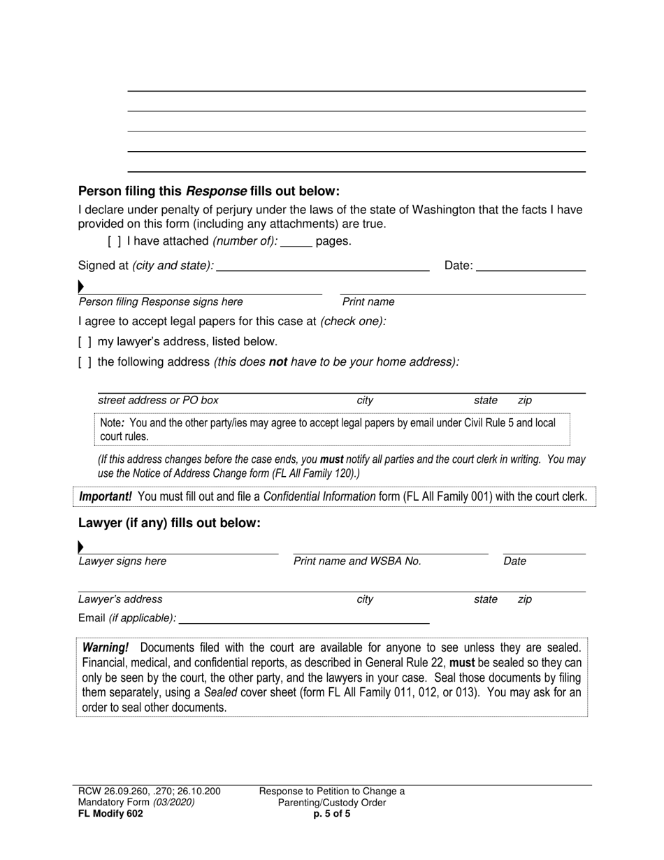 Form FL Modify602 Response to Petition to Change a Parenting Plan, Residential Schedule or Custody Order - Washington, Page 5
