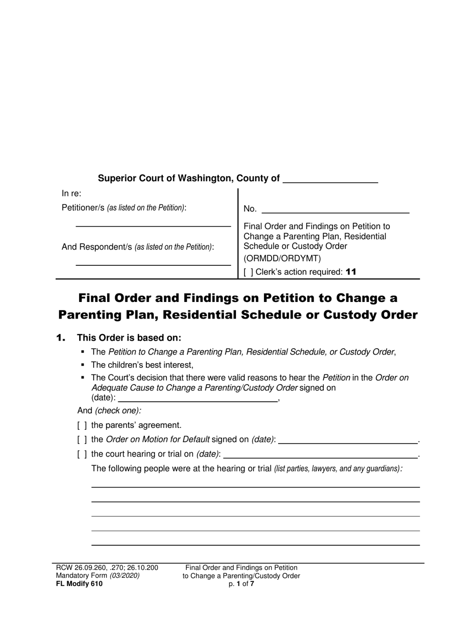 Form FL Modify610 Final Order and Findings on Petition to Change a Parenting Plan, Residential Schedule or Custody Order - Washington, Page 1