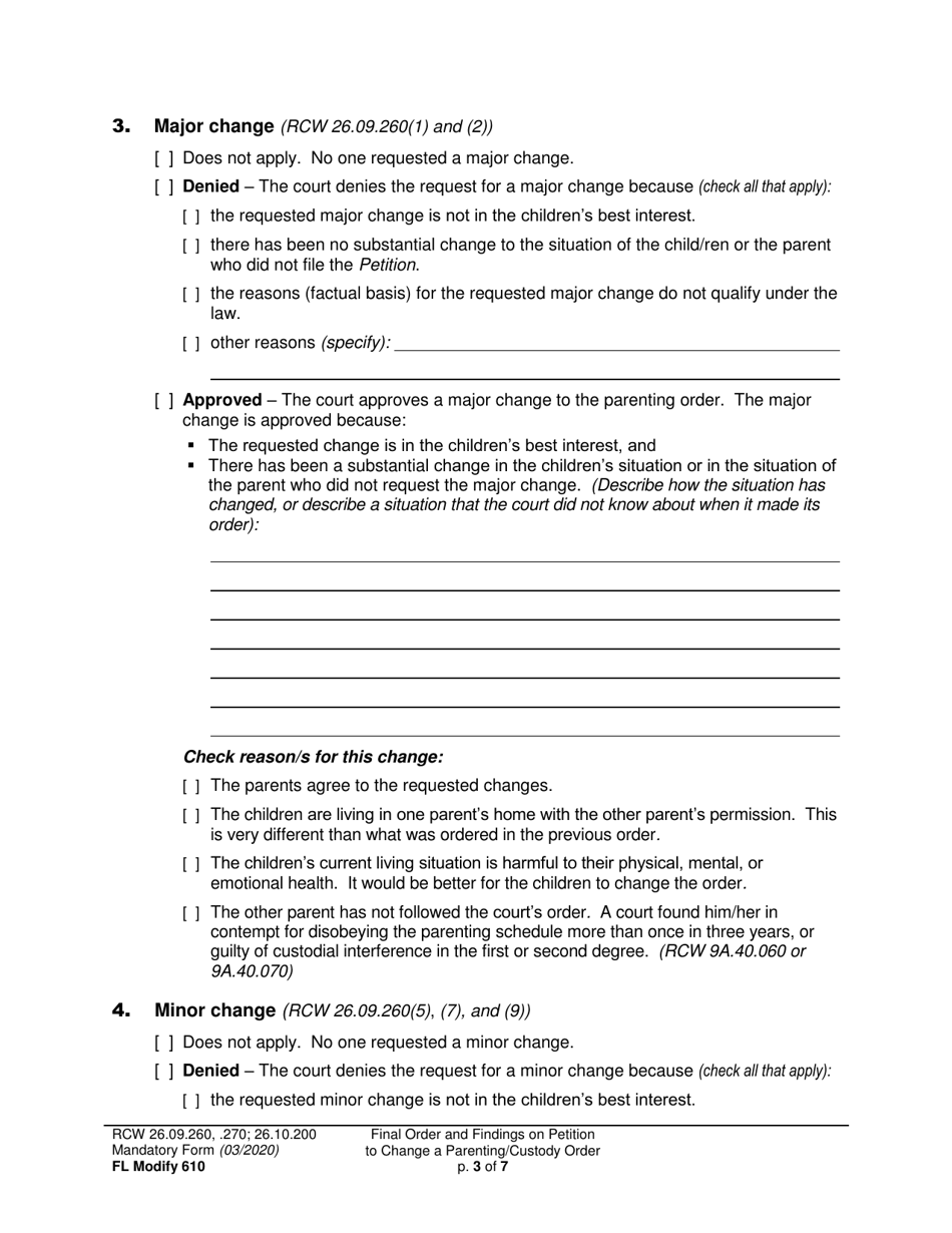 Form FL Modify610 Final Order and Findings on Petition to Change a Parenting Plan, Residential Schedule or Custody Order - Washington, Page 3
