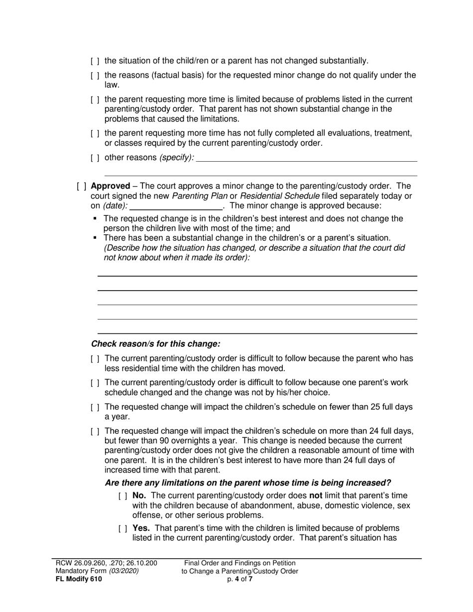Form FL Modify610 Final Order and Findings on Petition to Change a Parenting Plan, Residential Schedule or Custody Order - Washington, Page 4
