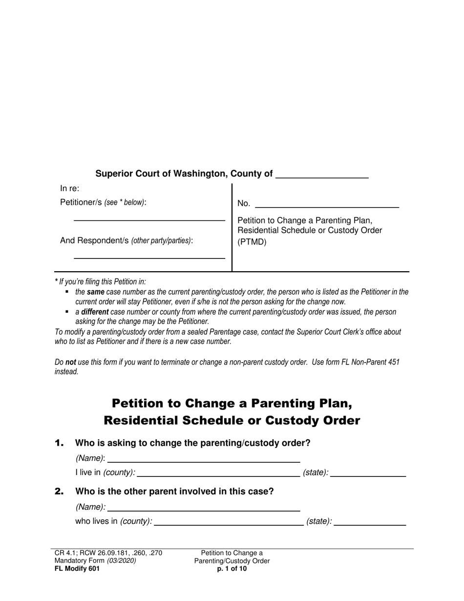Form FL Modify601 Petition to Change a Parenting Plan, Residential Schedule or Custody Order - Washington, Page 1
