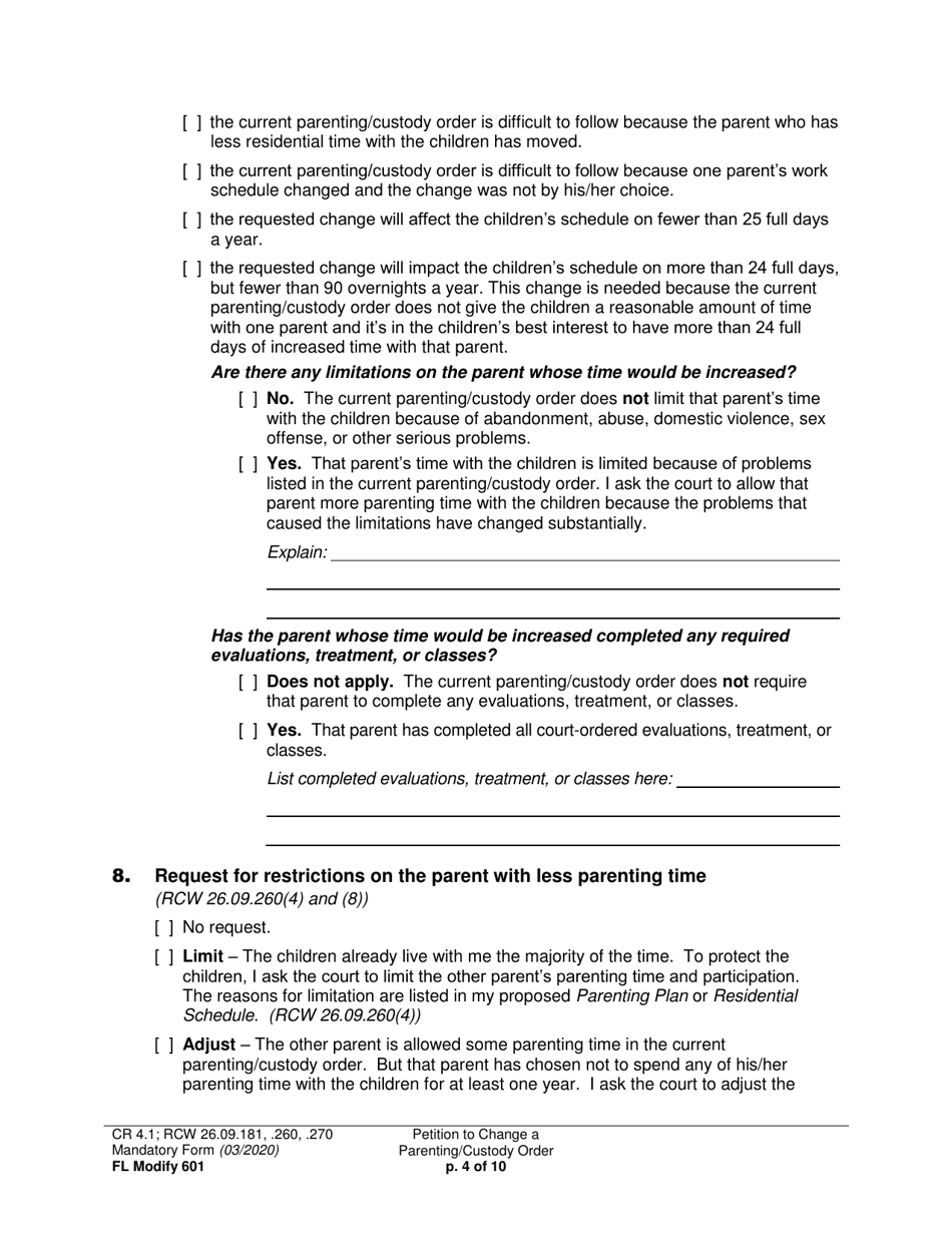 Form FL Modify601 Petition to Change a Parenting Plan, Residential Schedule or Custody Order - Washington, Page 4