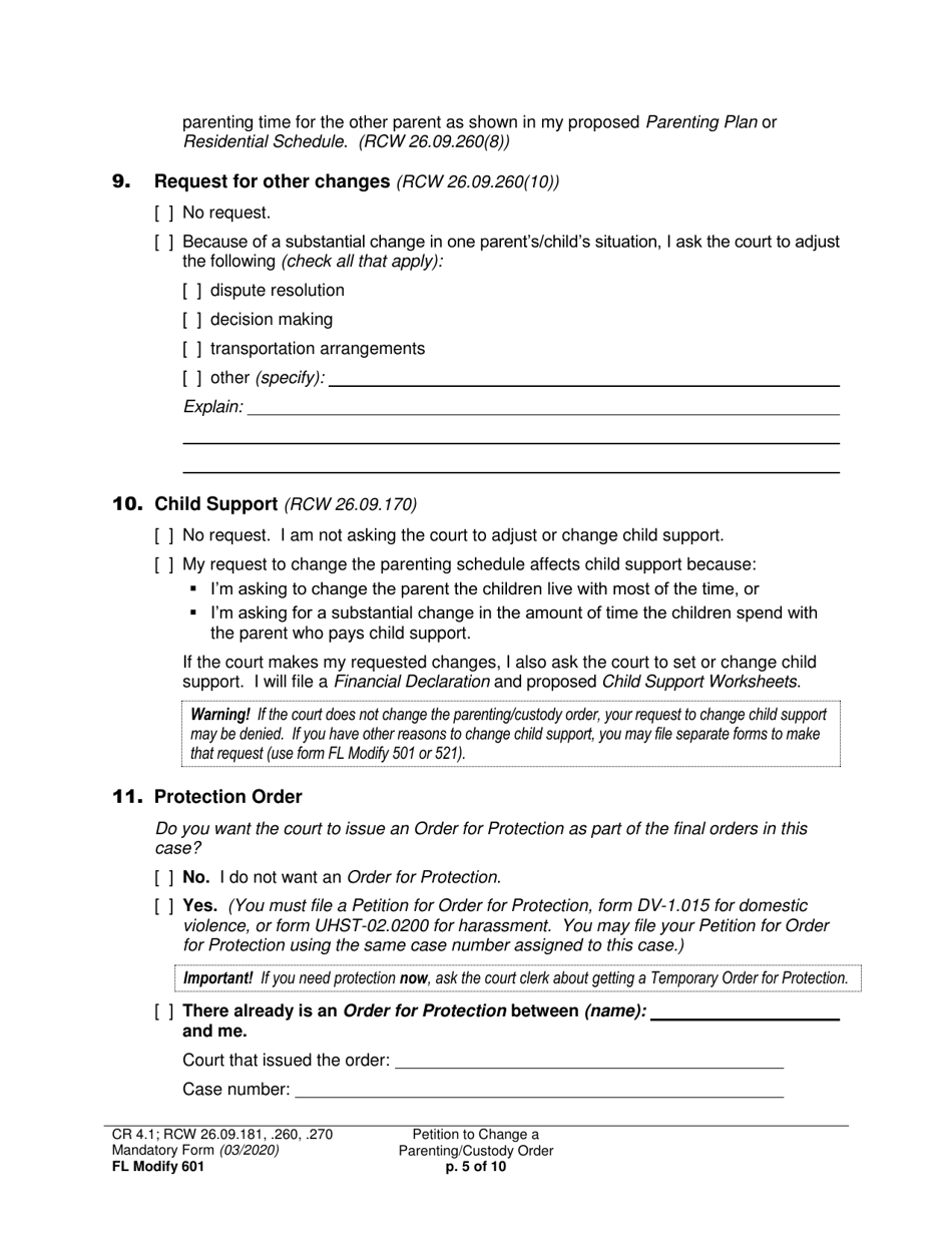 Form FL Modify601 Petition to Change a Parenting Plan, Residential Schedule or Custody Order - Washington, Page 5