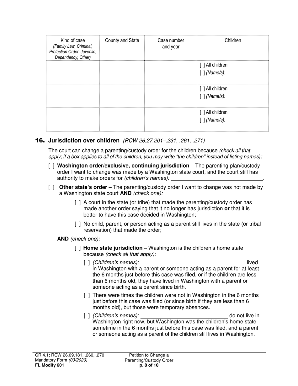 Form FL Modify601 Petition to Change a Parenting Plan, Residential Schedule or Custody Order - Washington, Page 8
