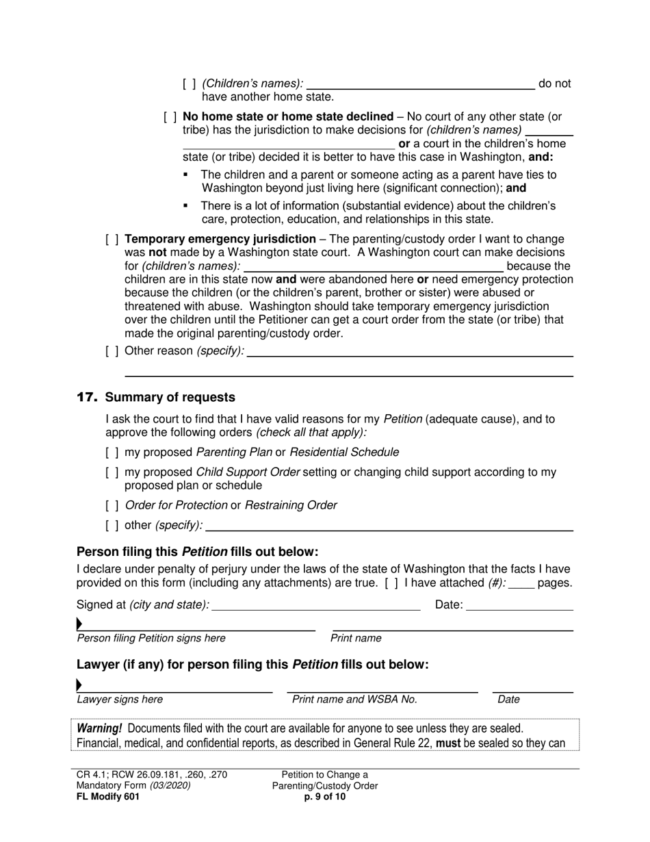 Form FL Modify601 Petition to Change a Parenting Plan, Residential Schedule or Custody Order - Washington, Page 9