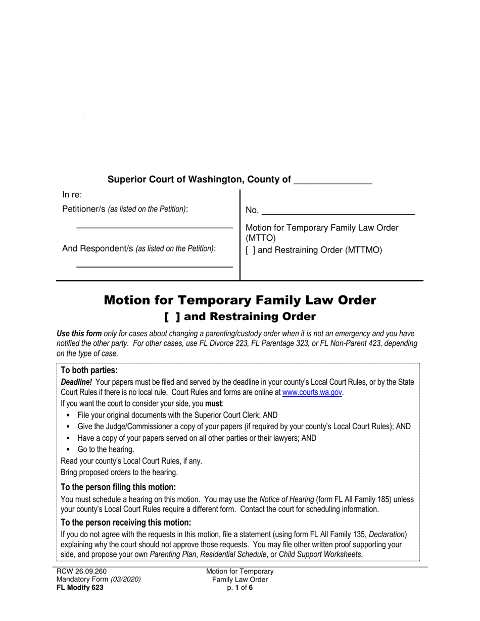 Form FL Modify623 Motion for Temporary Family Law Order and Restraining Order - Washington, Page 1