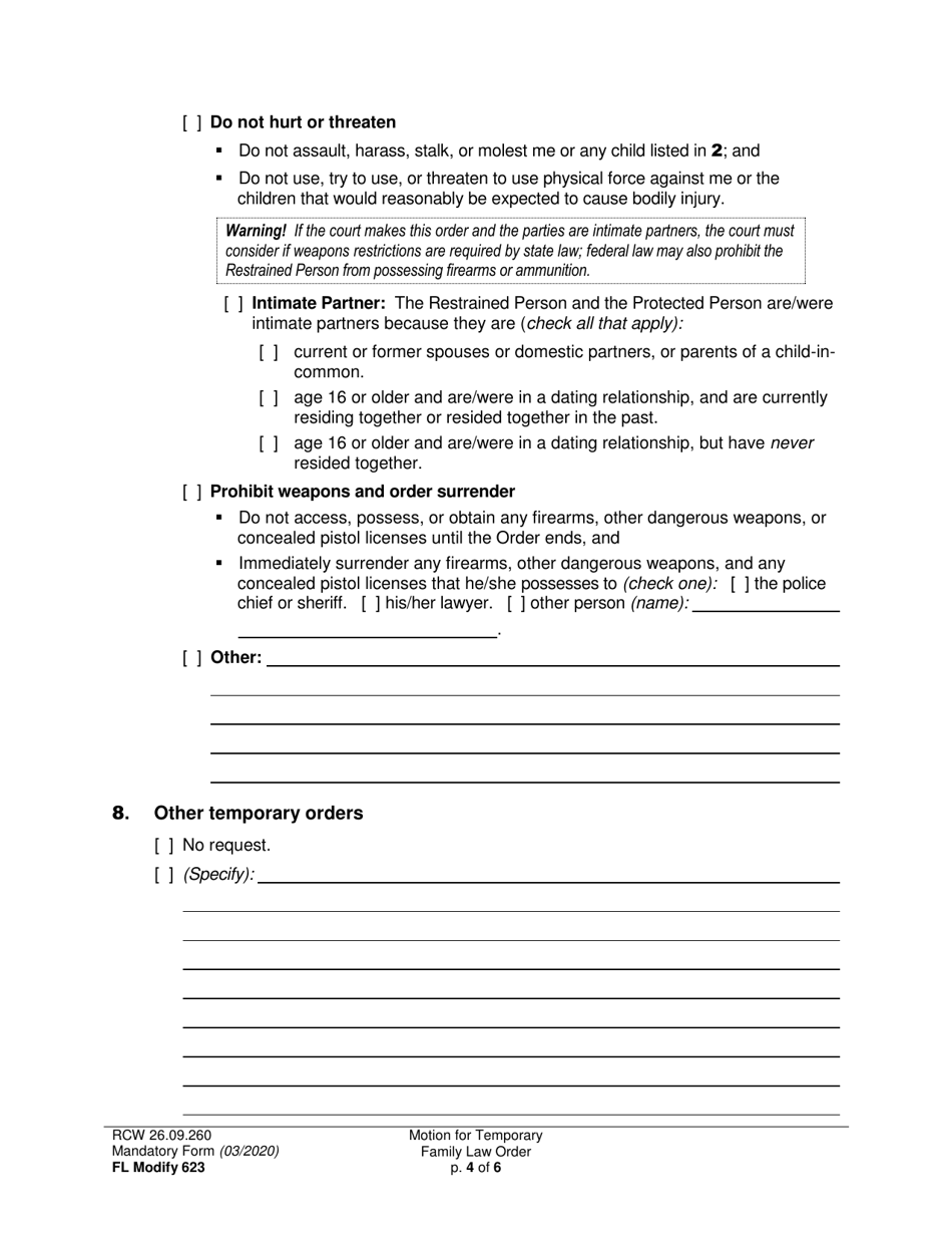 Form FL Modify623 Motion for Temporary Family Law Order and Restraining Order - Washington, Page 4