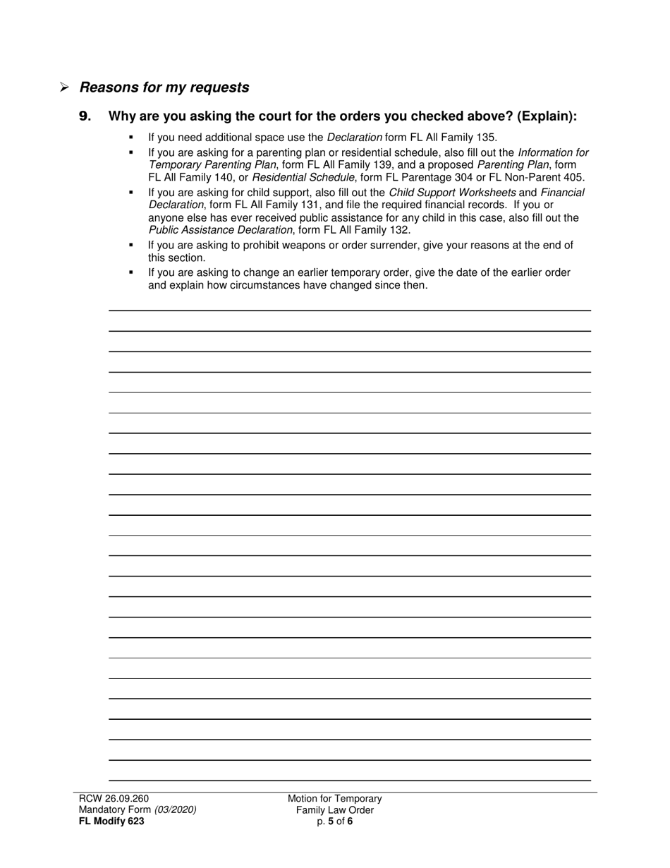 Form FL Modify623 Motion for Temporary Family Law Order and Restraining Order - Washington, Page 5