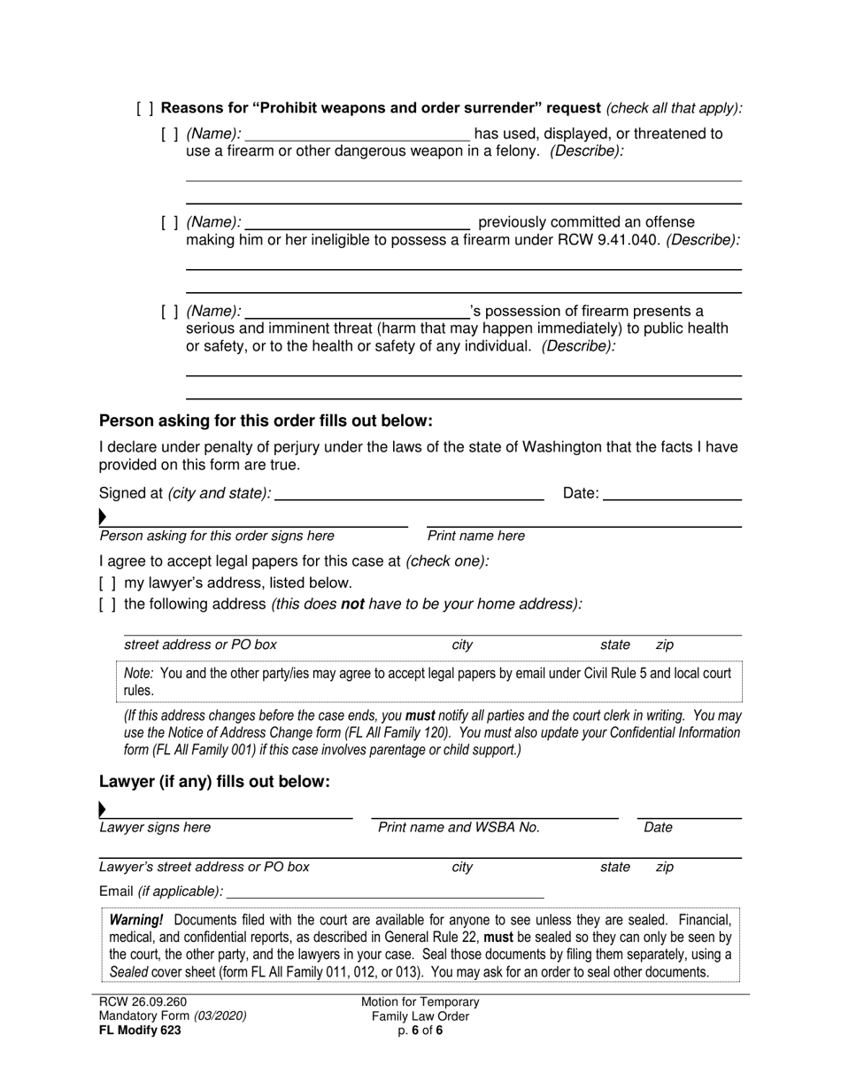 Form FL Modify623 Motion for Temporary Family Law Order and Restraining Order - Washington, Page 6