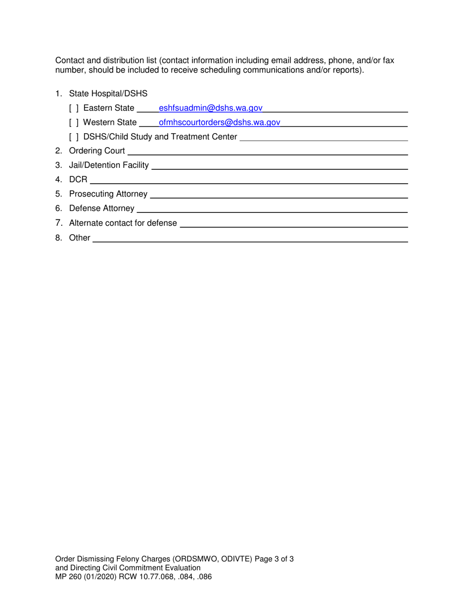 Form MP260 Order Dismissing Felony Charges and Directing Civil Commitment Evaluation - Washington, Page 3
