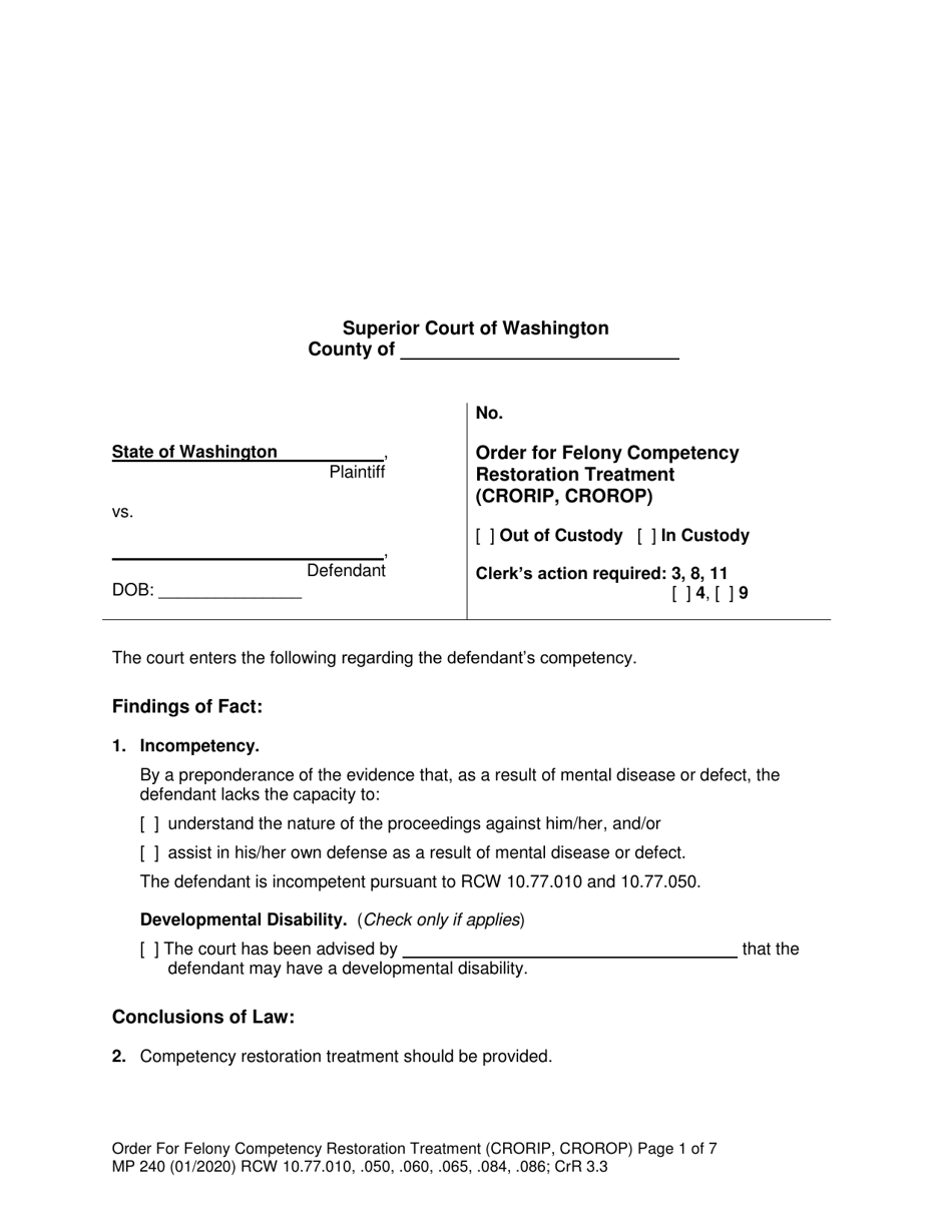 Form MP240 Order for Competency Restoration Treatment (Felony) - Washington, Page 1