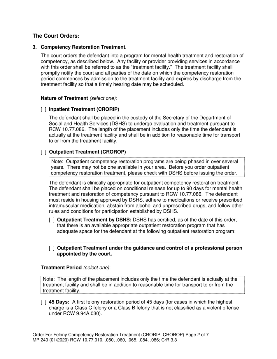 Form MP240 Order for Competency Restoration Treatment (Felony) - Washington, Page 2