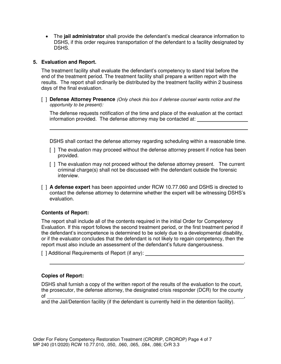 Form MP240 Order for Competency Restoration Treatment (Felony) - Washington, Page 4