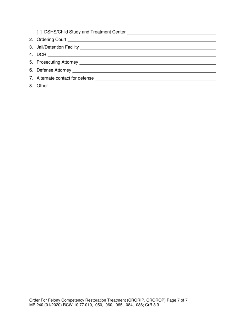Form MP240 Order for Competency Restoration Treatment (Felony) - Washington, Page 7