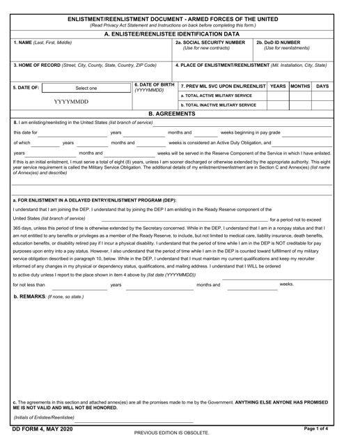 DD Form 4 Enlistment/Reenlistment Document Armed Forces of the United States