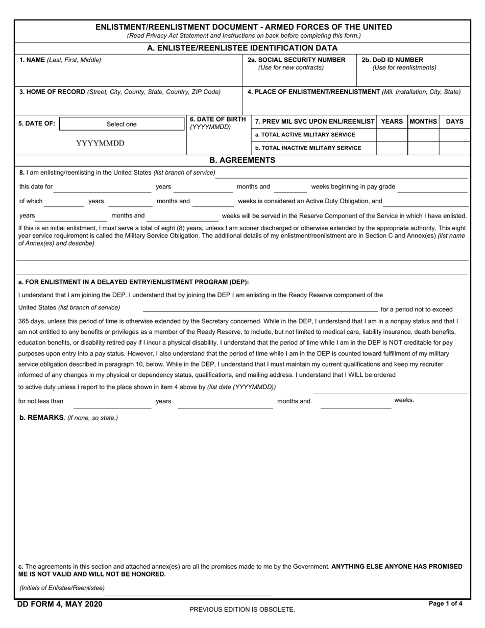 DD Form 4 Enlistment / Reenlistment Document Armed Forces of the United States, Page 1