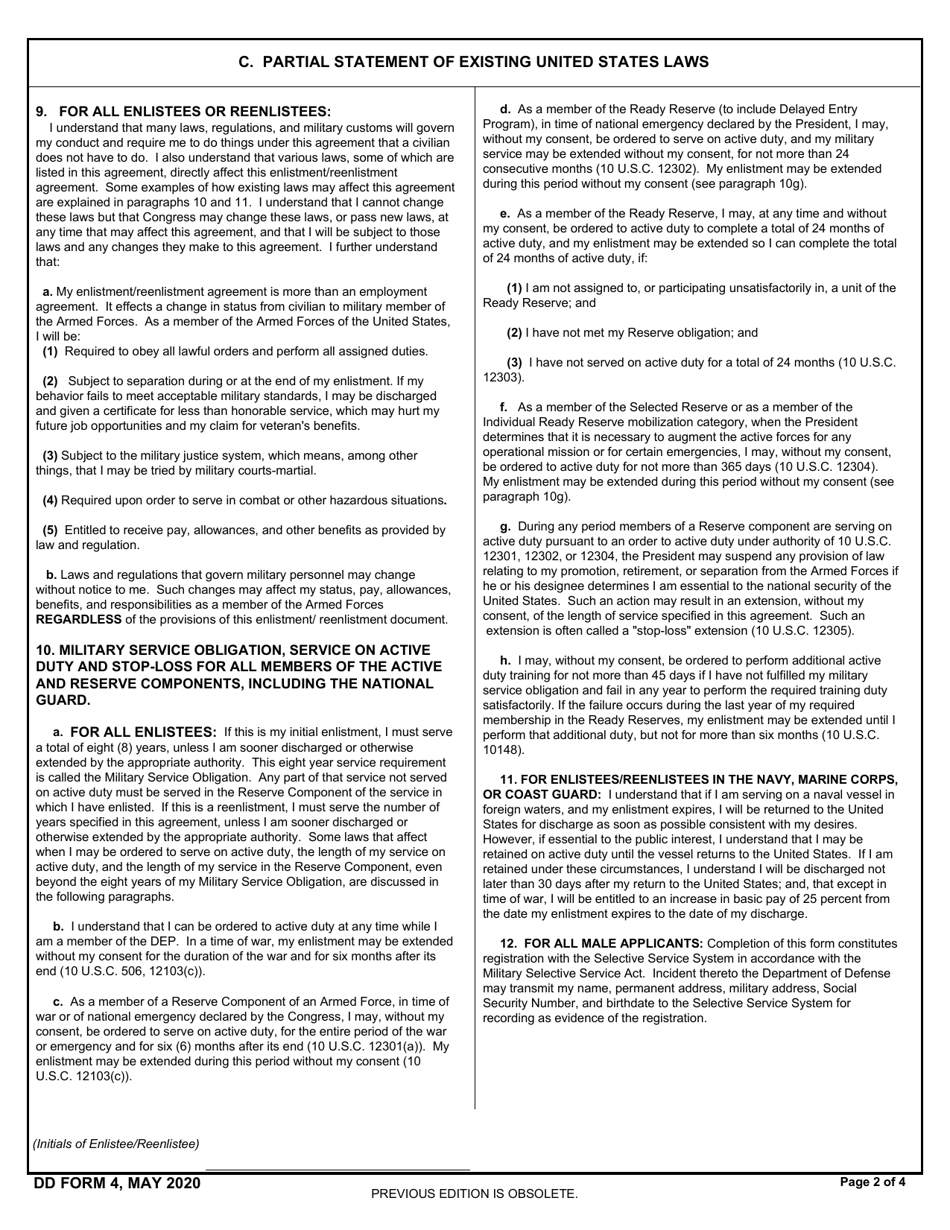 DD Form 4 Enlistment / Reenlistment Document Armed Forces of the United States, Page 3