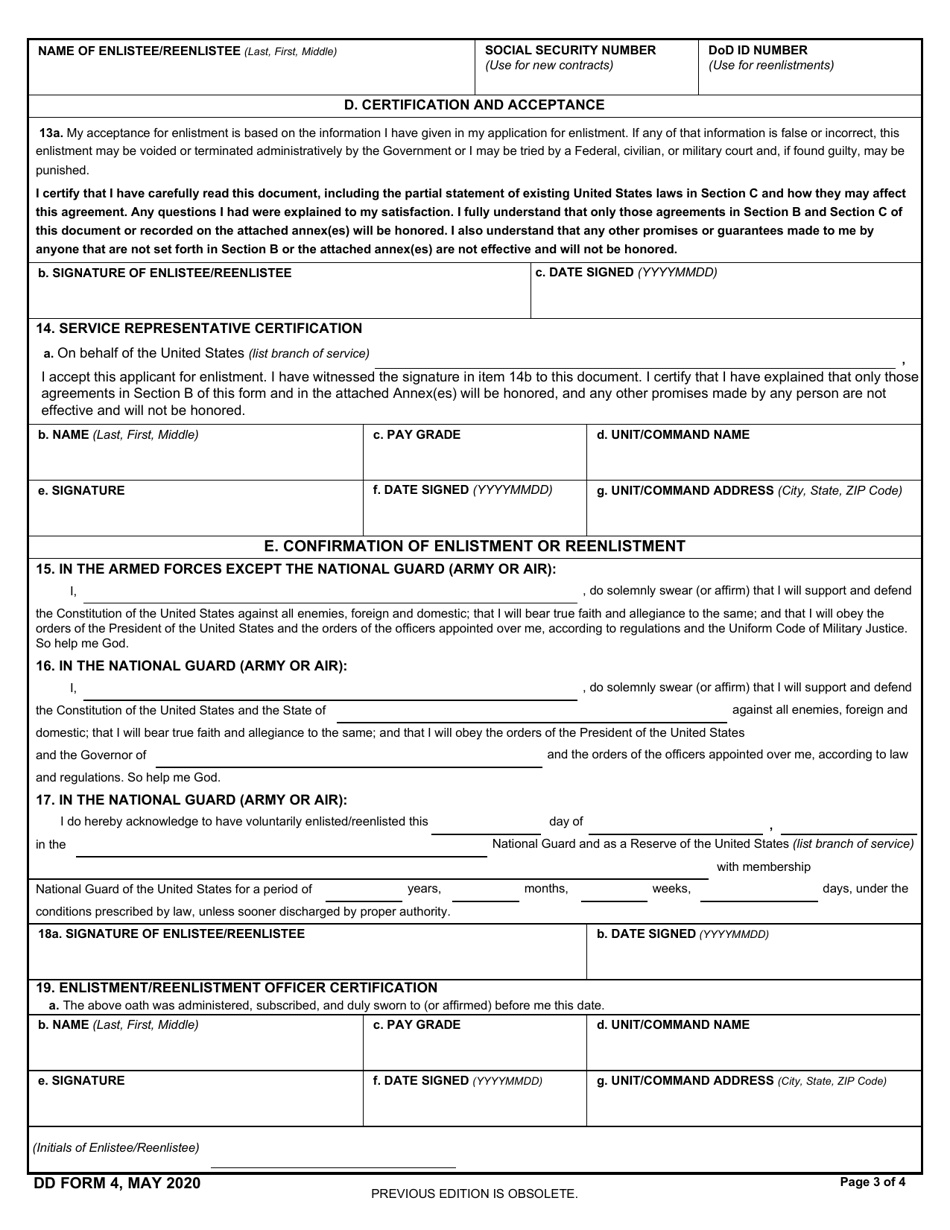 DD Form 4 Download Fillable PDF or Fill Online Enlistment/Reenlistment ...