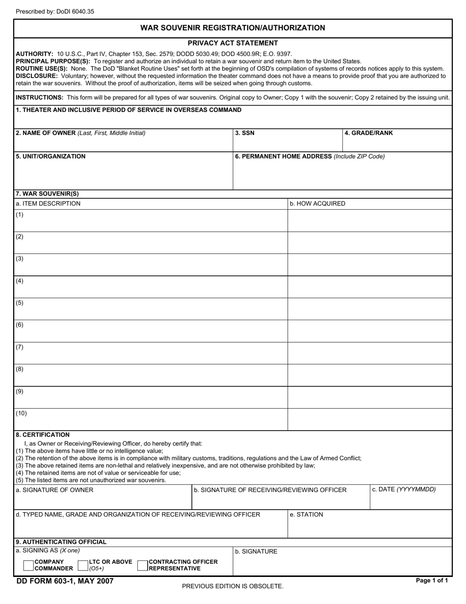 DD Form 603-1 War Souvenir Registration / Authorization, Page 1