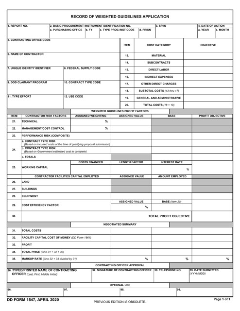 DD Form 1547 Record of Weighted Guidelines Application