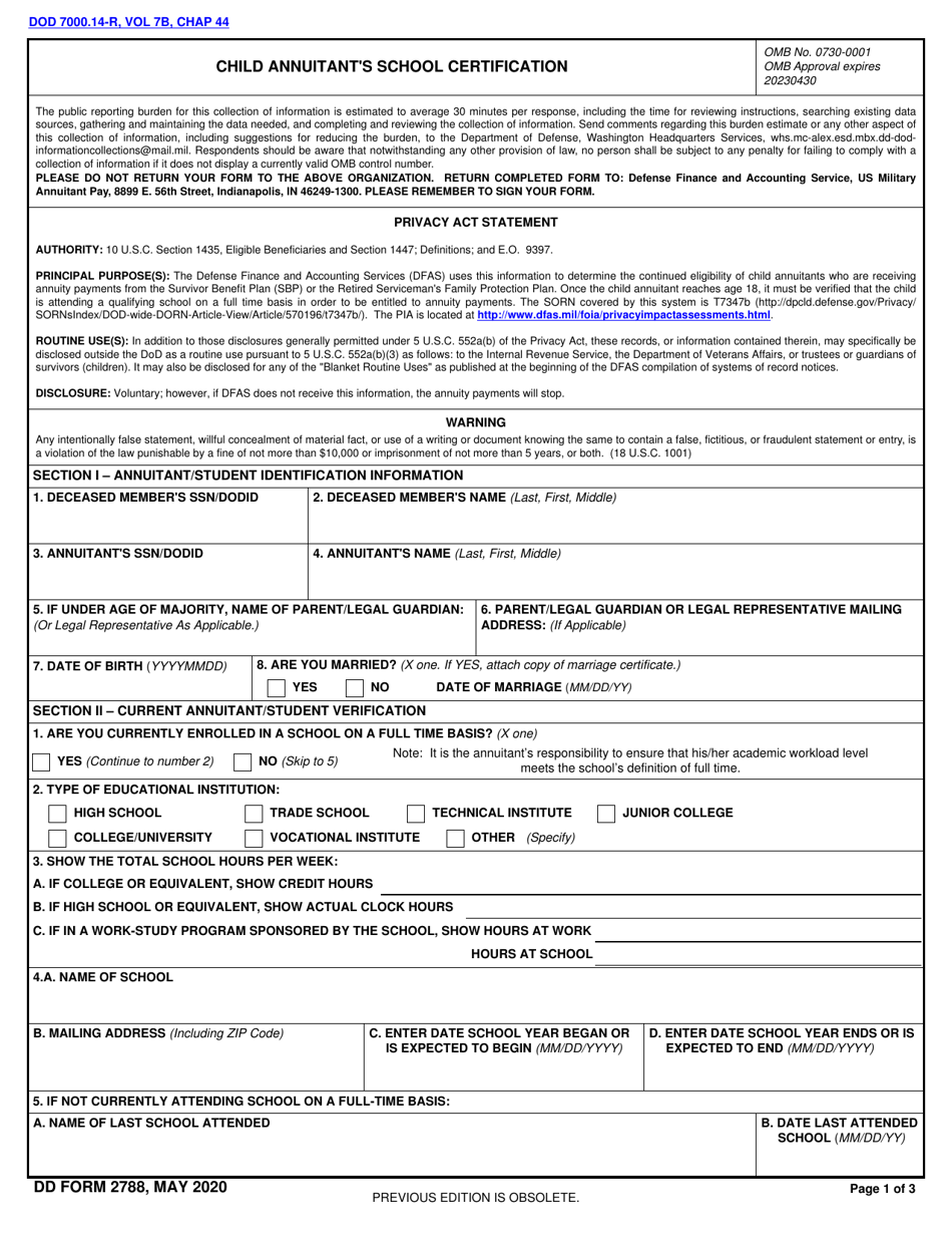 DD Form 2788 Child Annuitants School Certification, Page 1