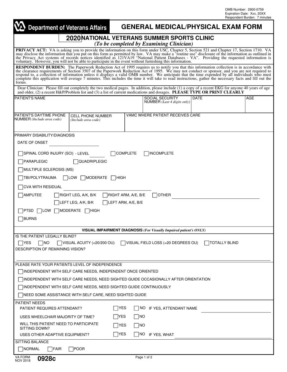VA Form 0928C General Medical / Physical Exam Form, Page 1