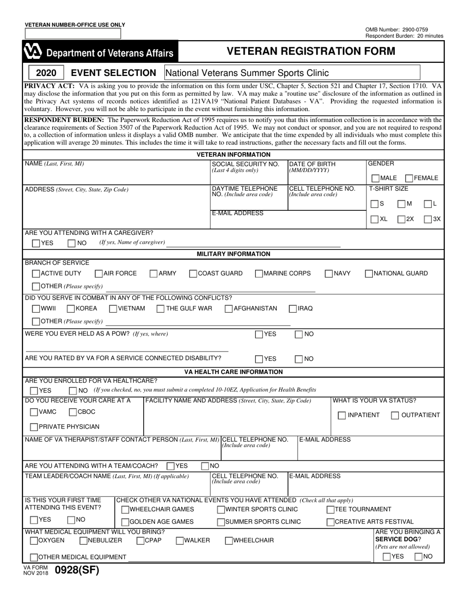 VA Form 0928(SF) Veteran Registration Form, Page 1