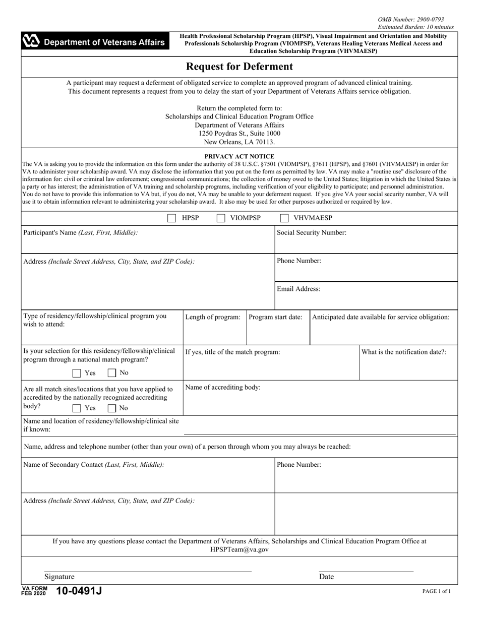 VA Form 10-0491J Request for Deferment for Advanced Education - Health Professional Scholarship Program (Hpsp)  Visual Impairment and Orientation and Mobility Professionals Scholarship Program (Viompsp), Page 1