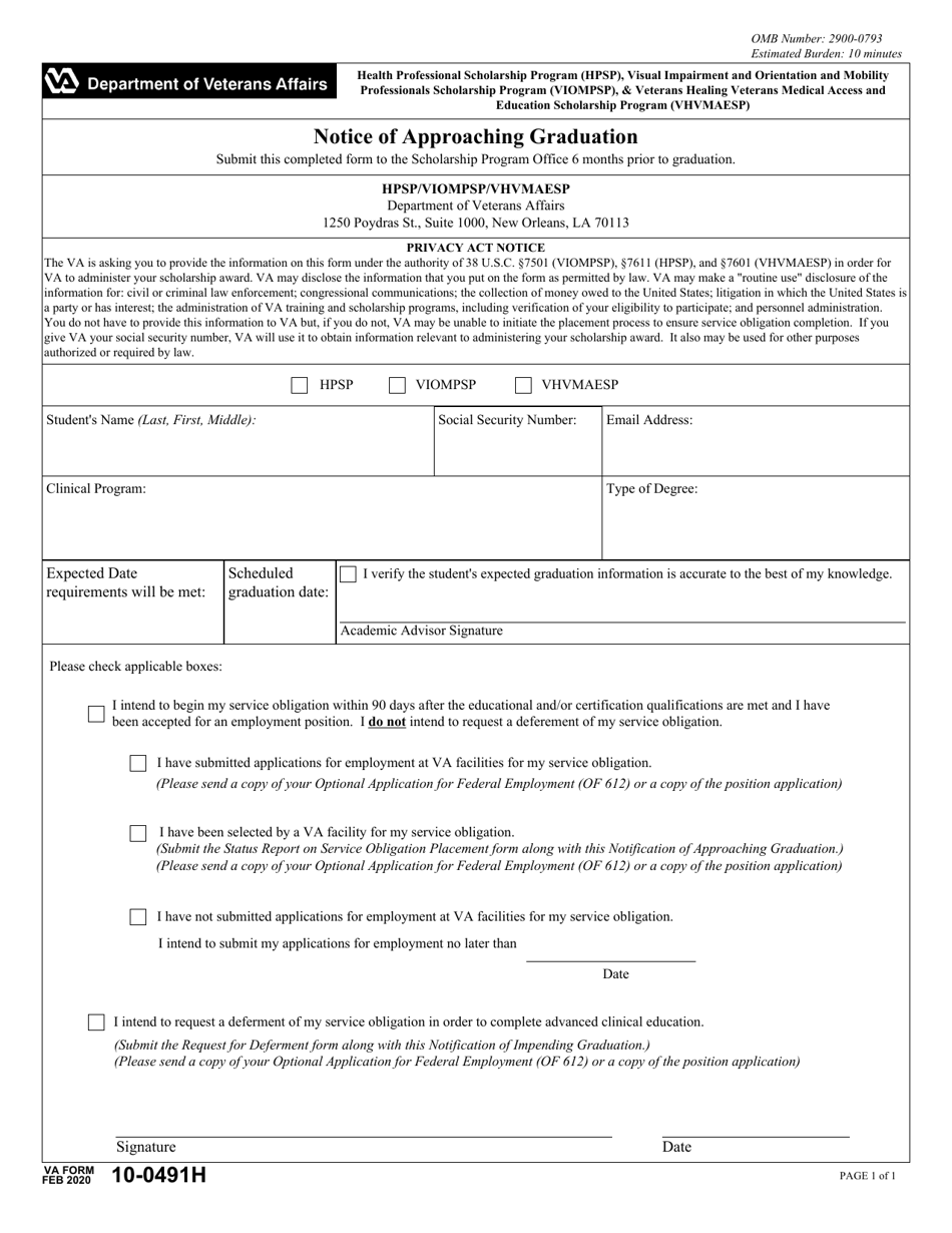 VA Form 10-0491H Notice of Approaching Graduation, Page 1