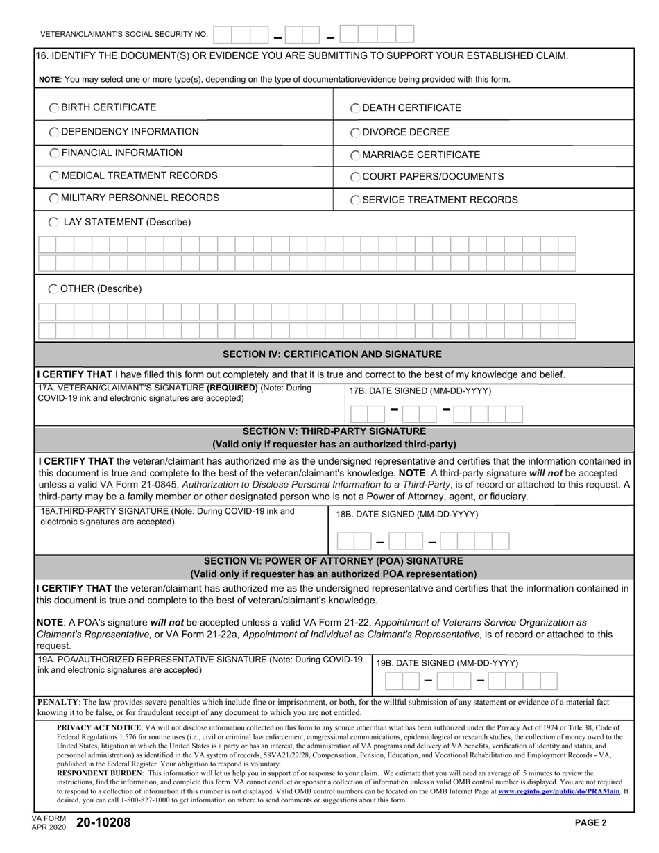 VA Form 20-10208 - Fill Out, Sign Online and Download Fillable PDF ...