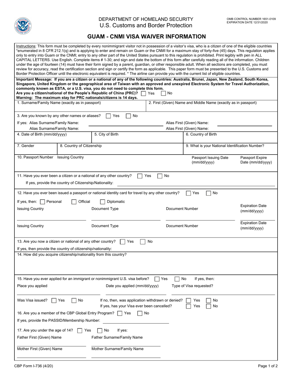 CBP Form I736 Download Fillable PDF or Fill Online Guam CNMI Visa