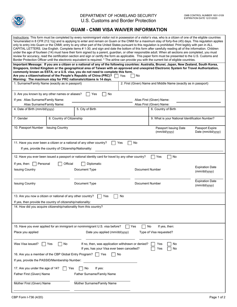 CBP Form I-736 Guam CNMI Visa Waiver Information, Page 1