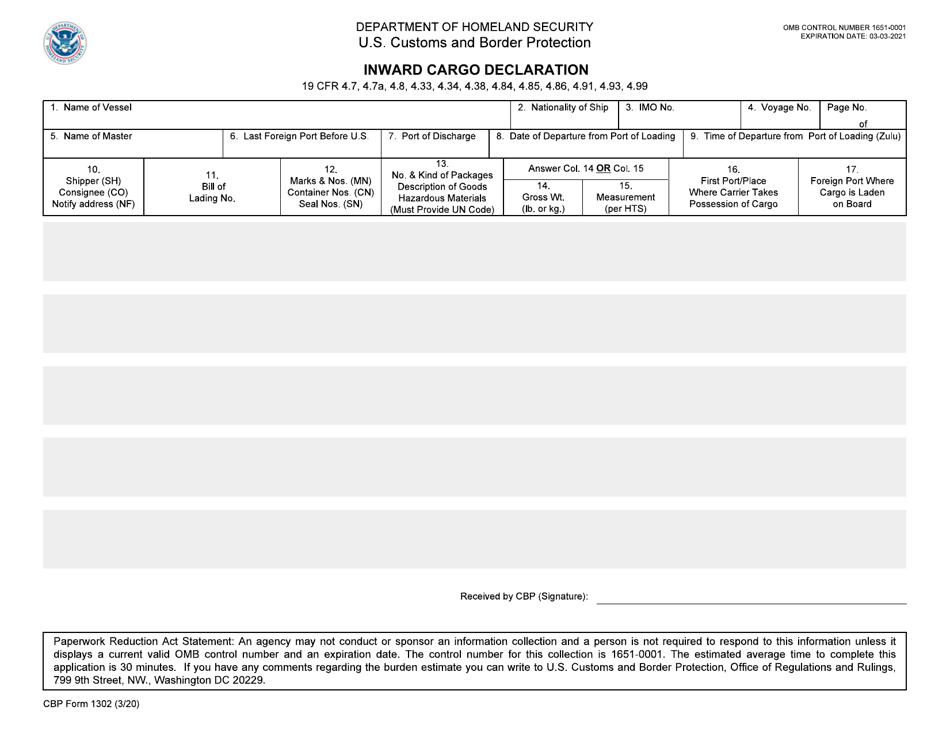 CBP Form 1302 Download Fillable PDF or Fill Online Inward Cargo ...