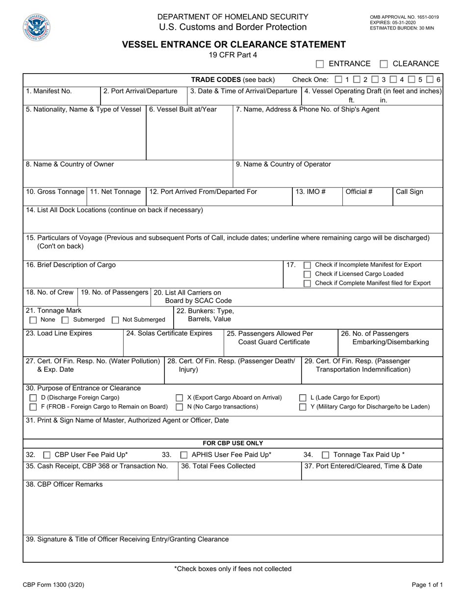 CBP Form 1300 Vessel Entrance or Clearance Statement, Page 1