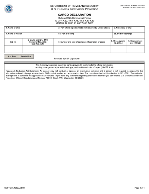 CBP Form 1302A  Printable Pdf