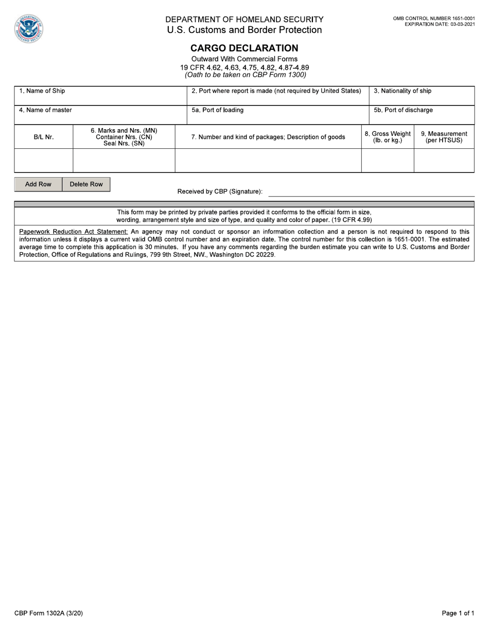 CBP Form 1302A Cargo Declaration, Page 1