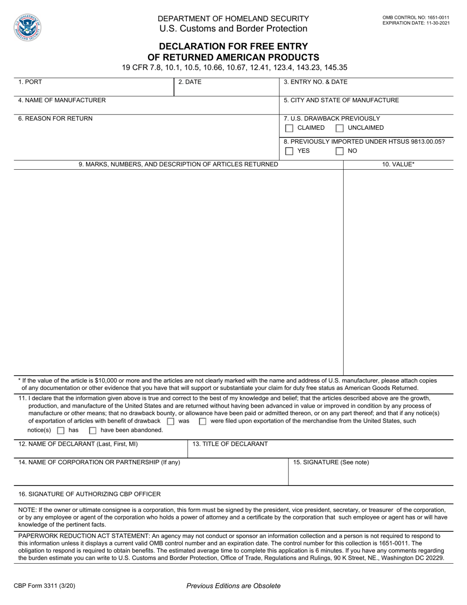 CBP Form 3311 Declaration for Free Entry of Returned American Products, Page 1
