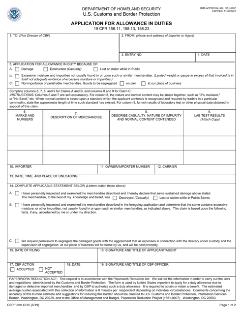 CBP Form 4315  Printable Pdf
