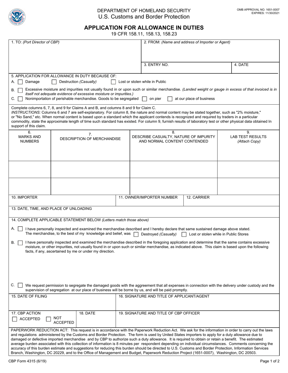 CBP Form 4315 Application for Allowance in Duties, Page 1