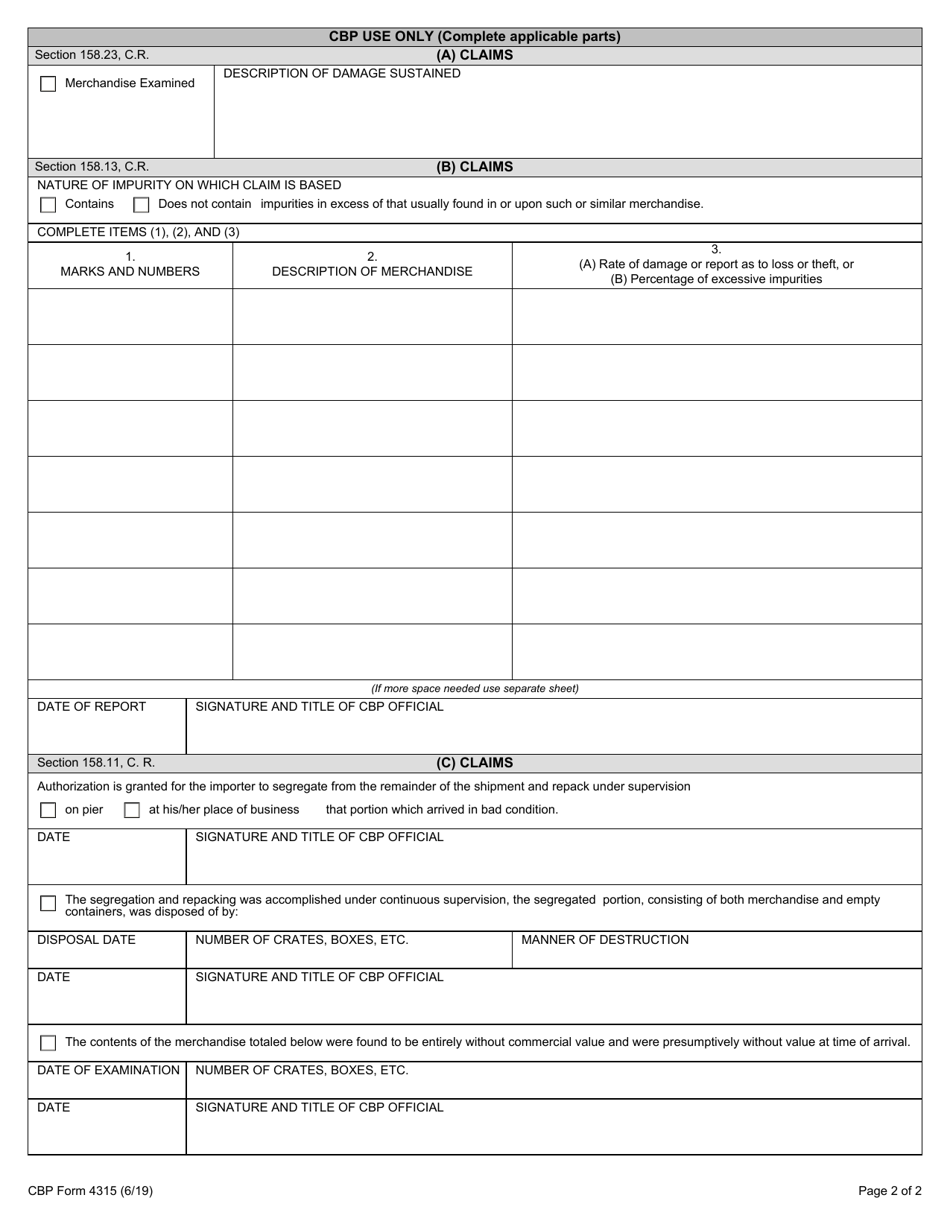 CBP Form 4315 Application for Allowance in Duties, Page 2