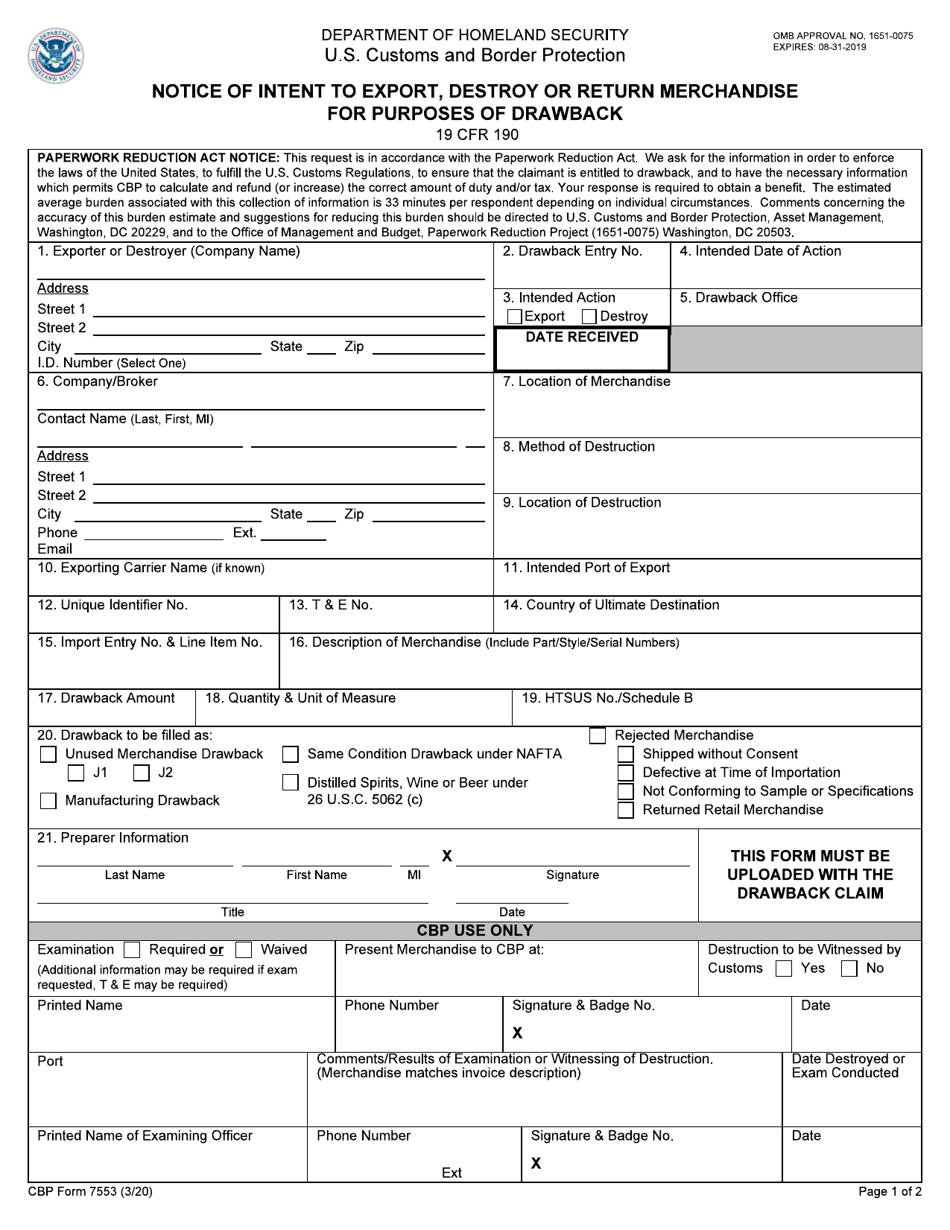 CBP Form 7553 Notice of Intent to Export, Destroy or Return Merchandise for Purposes of Drawback, Page 1