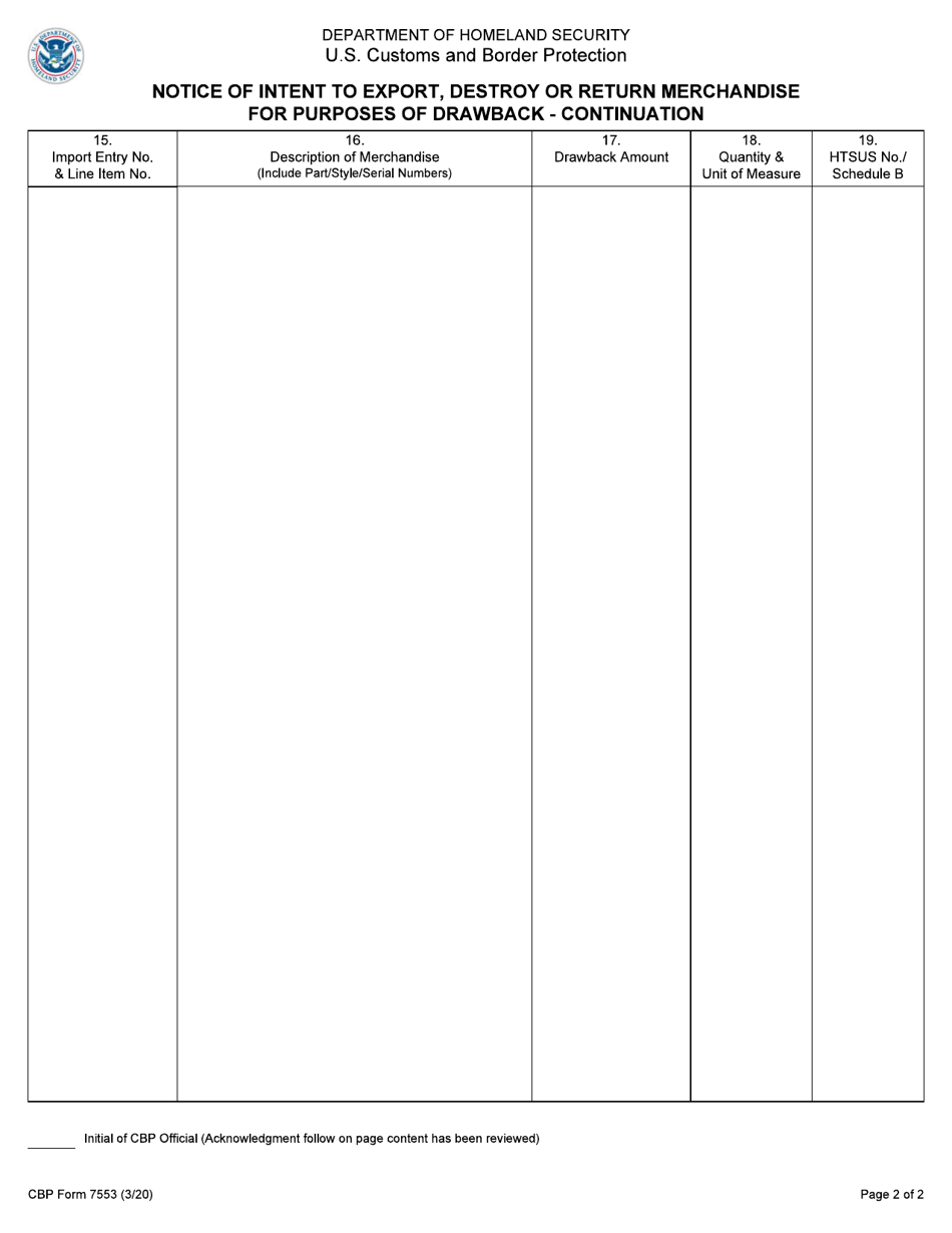 CBP Form 7553 Notice of Intent to Export, Destroy or Return Merchandise for Purposes of Drawback, Page 2