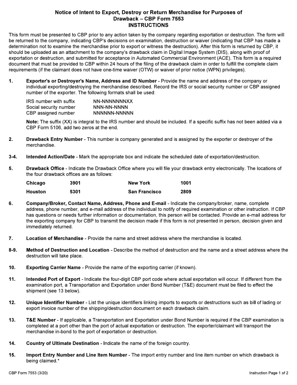CBP Form 7553 Notice of Intent to Export, Destroy or Return Merchandise for Purposes of Drawback, Page 3