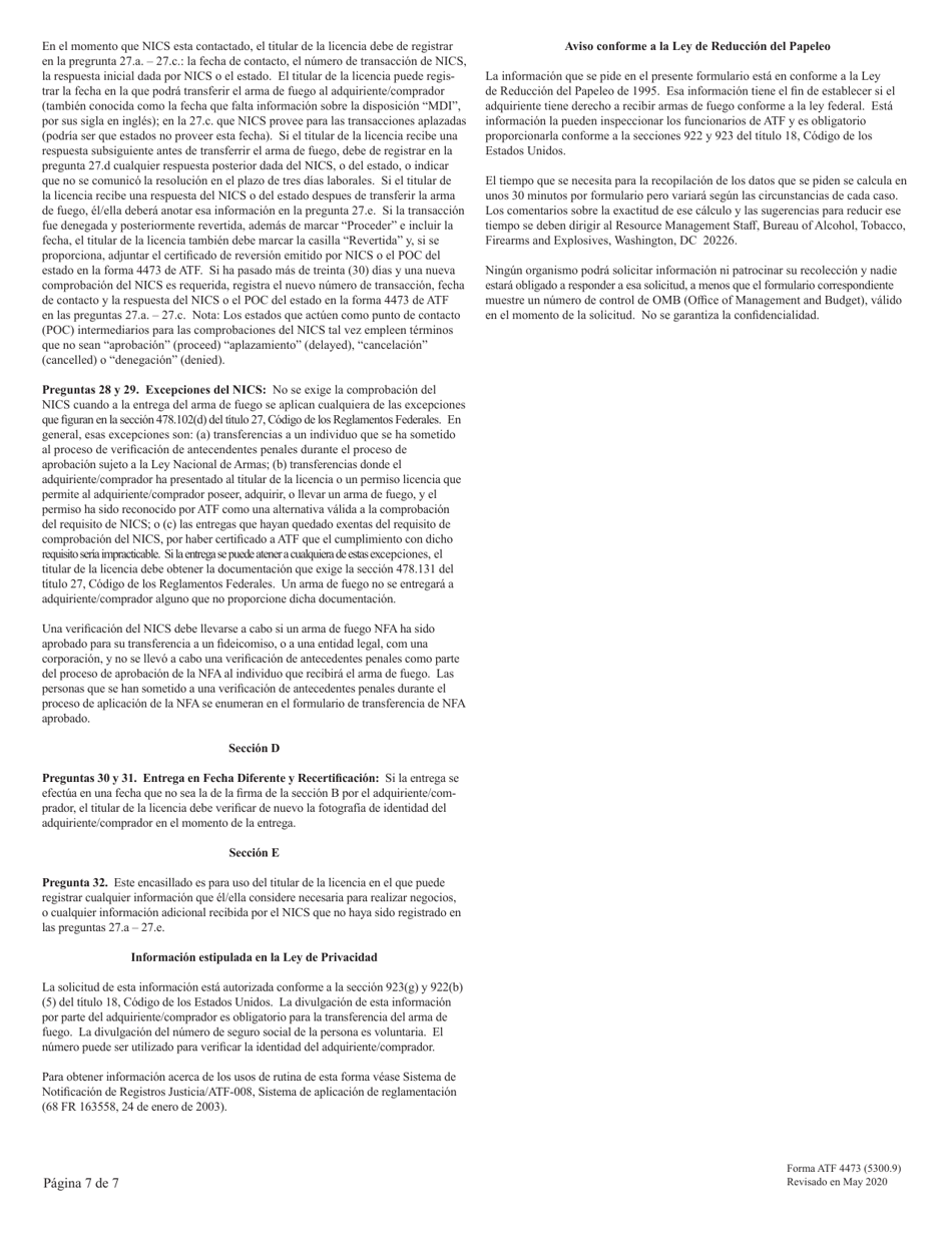 ATF Formulario 4473 (5300.9) Registro De Transaccion De Armas De Fuego (Spanish), Page 7