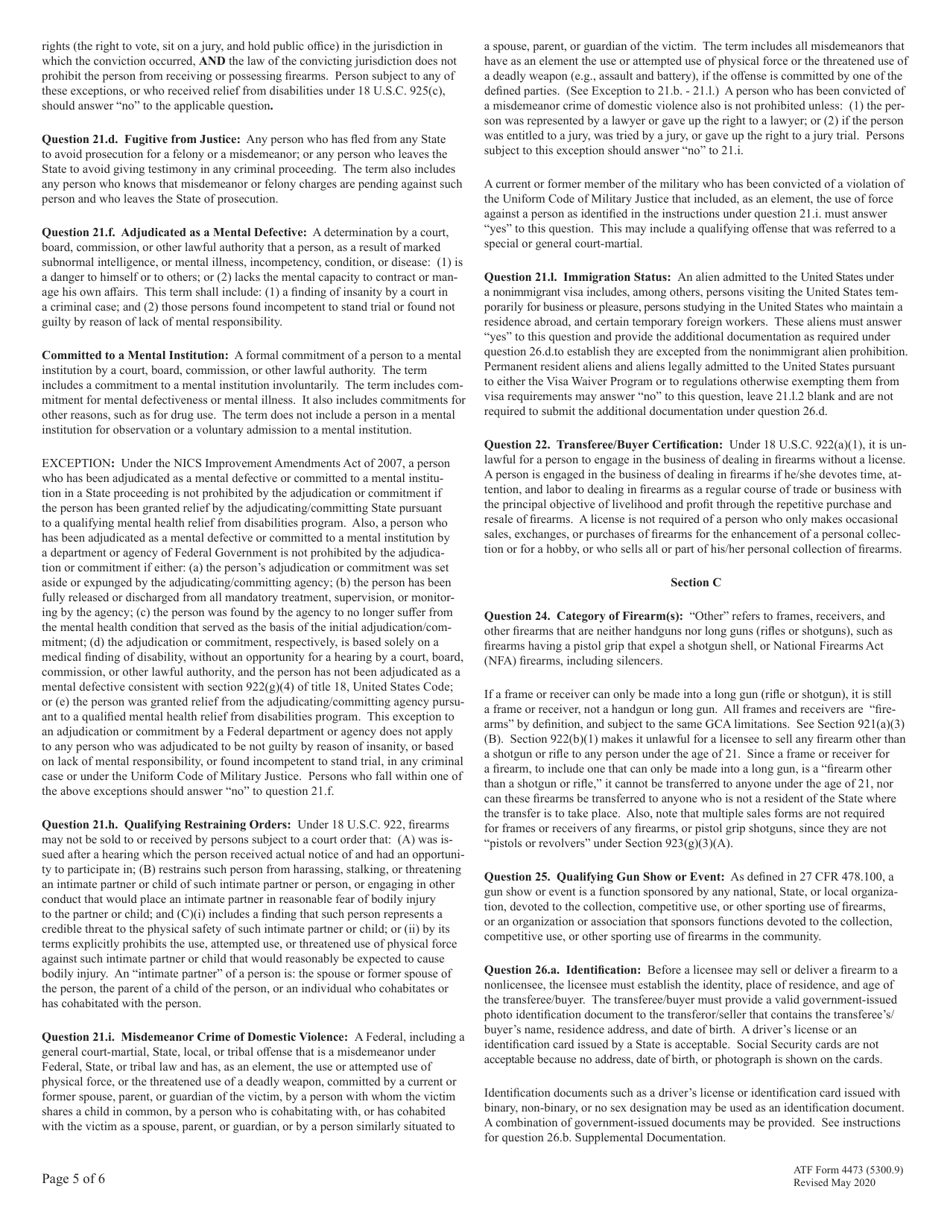 ATF Form 4473 (5300.9) Firearms Transaction Record, Page 5