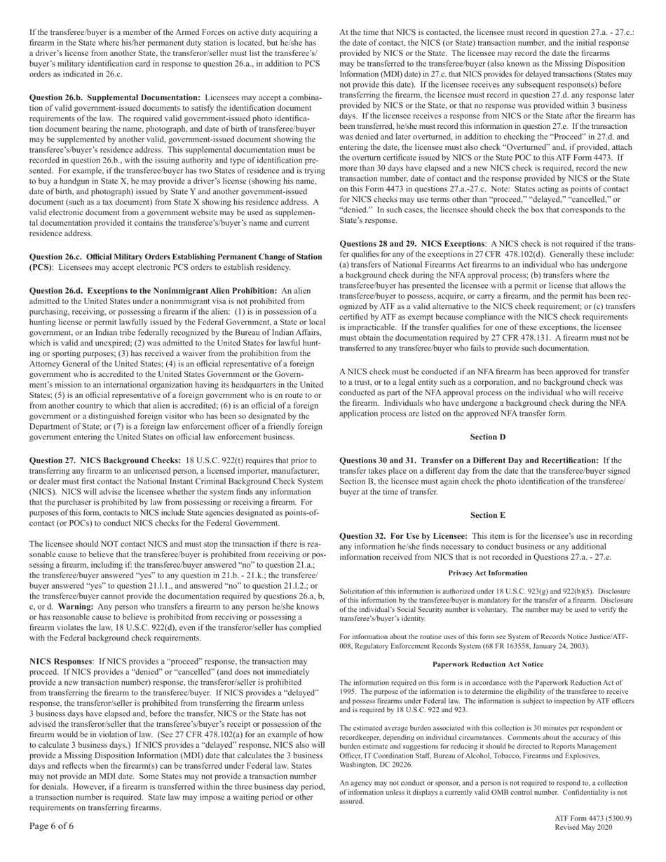 ATF Form 4473 (5300.9) Firearms Transaction Record, Page 6