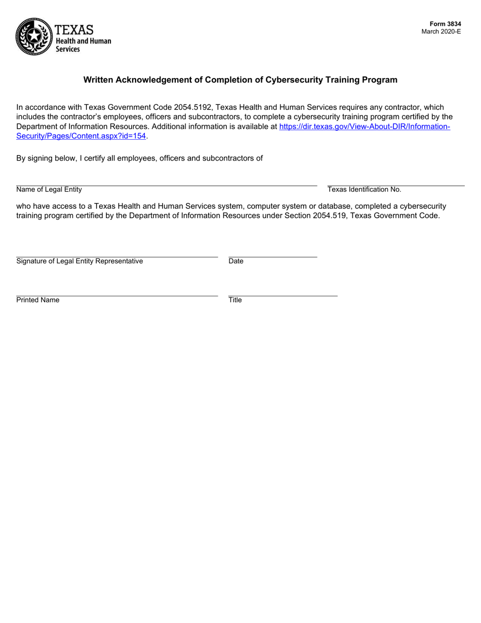 Form 3834 Written Acknowledgement of Completion of Cybersecurity Training Program - Texas, Page 1